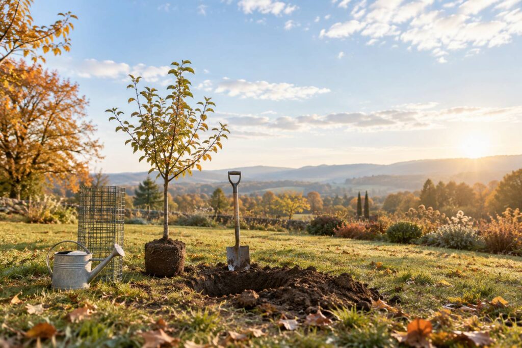 Jeune arbre fruitier pret a etre plante dans un jardin en automne