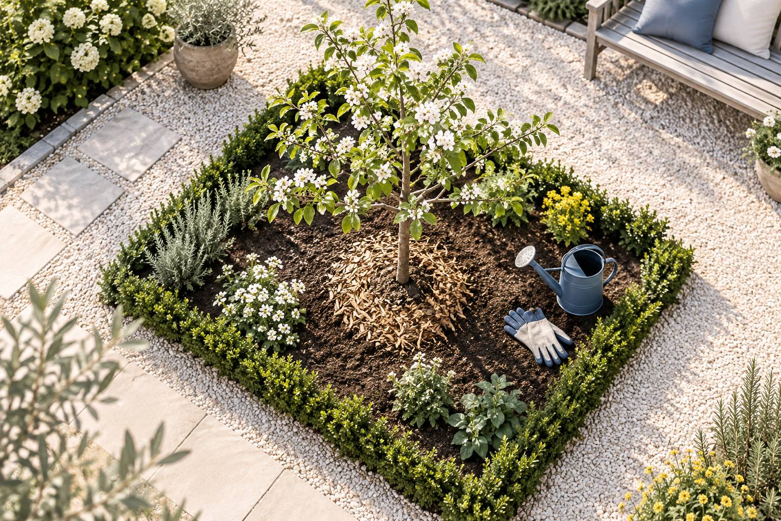Arbre fruitier fraichement plante avec arrosoir et terreau