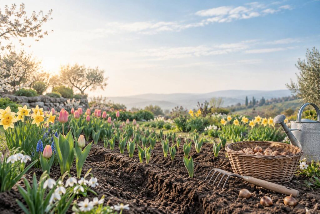 Parterre de jardin au printemps avec bulbes de tulipes en sillon