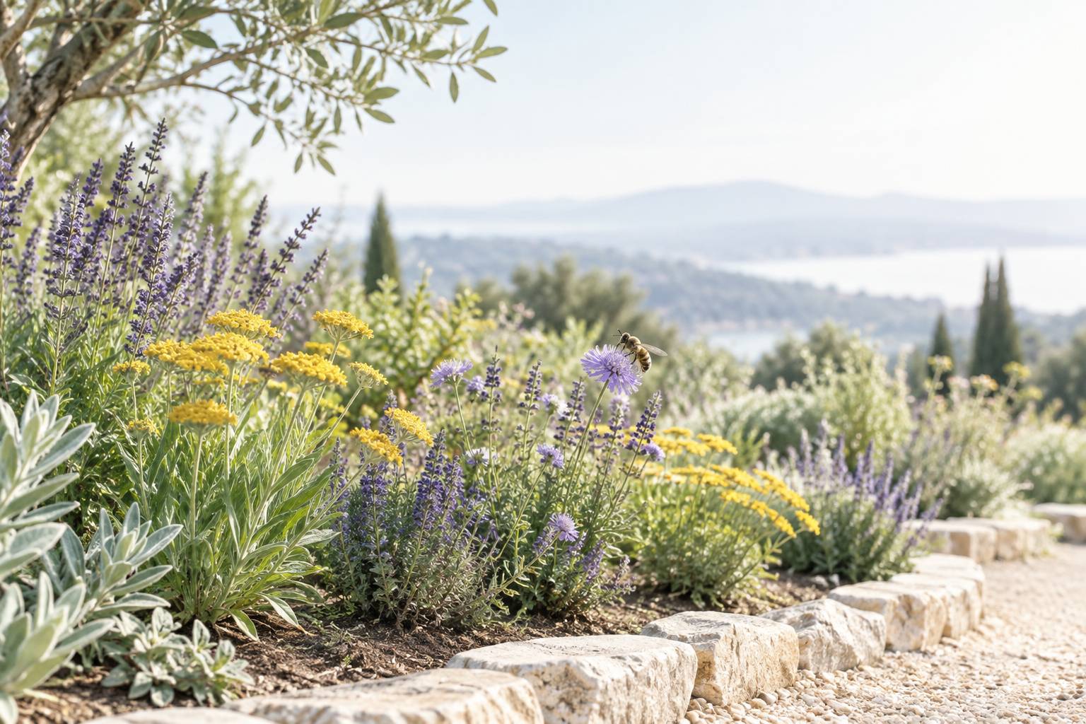 Massif de fleurs melliferes violettes et jaunes butine par une abeille