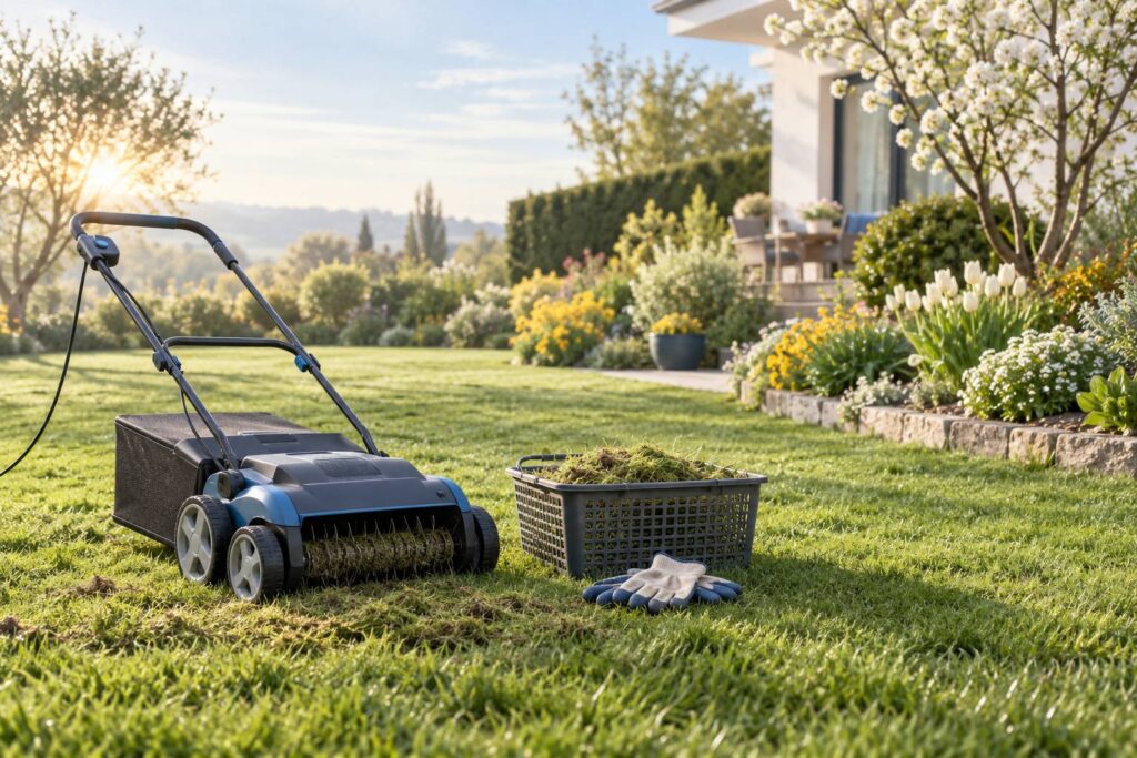 Scarificateur pose sur une pelouse de jardin au matin